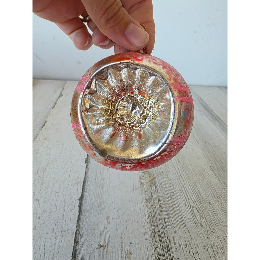 Antique poland? double indent jumbo reflector pink mercury glass ornament Xmas